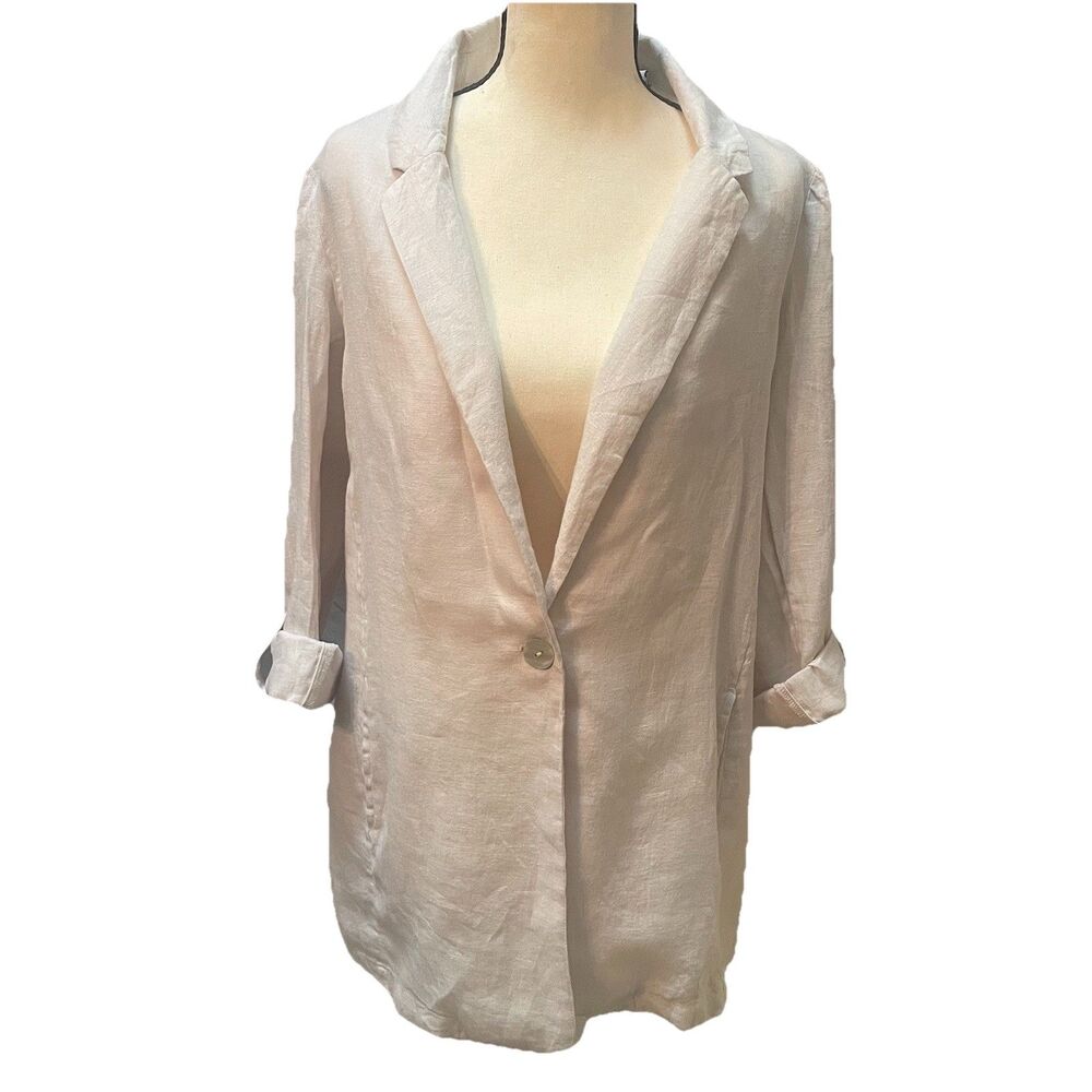 NWT H HALSTON 100% Linen Boyfriend Blazer Size L Neutral Roll-Up Sleeve Pockets